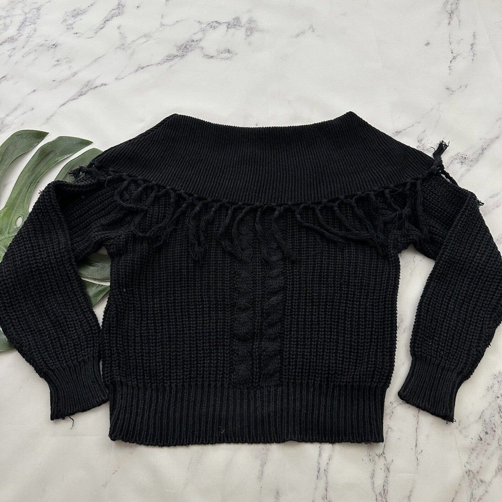Fino Internationale Womens Vintage 90s Chunky Sweater Size L Black Fringe Cable